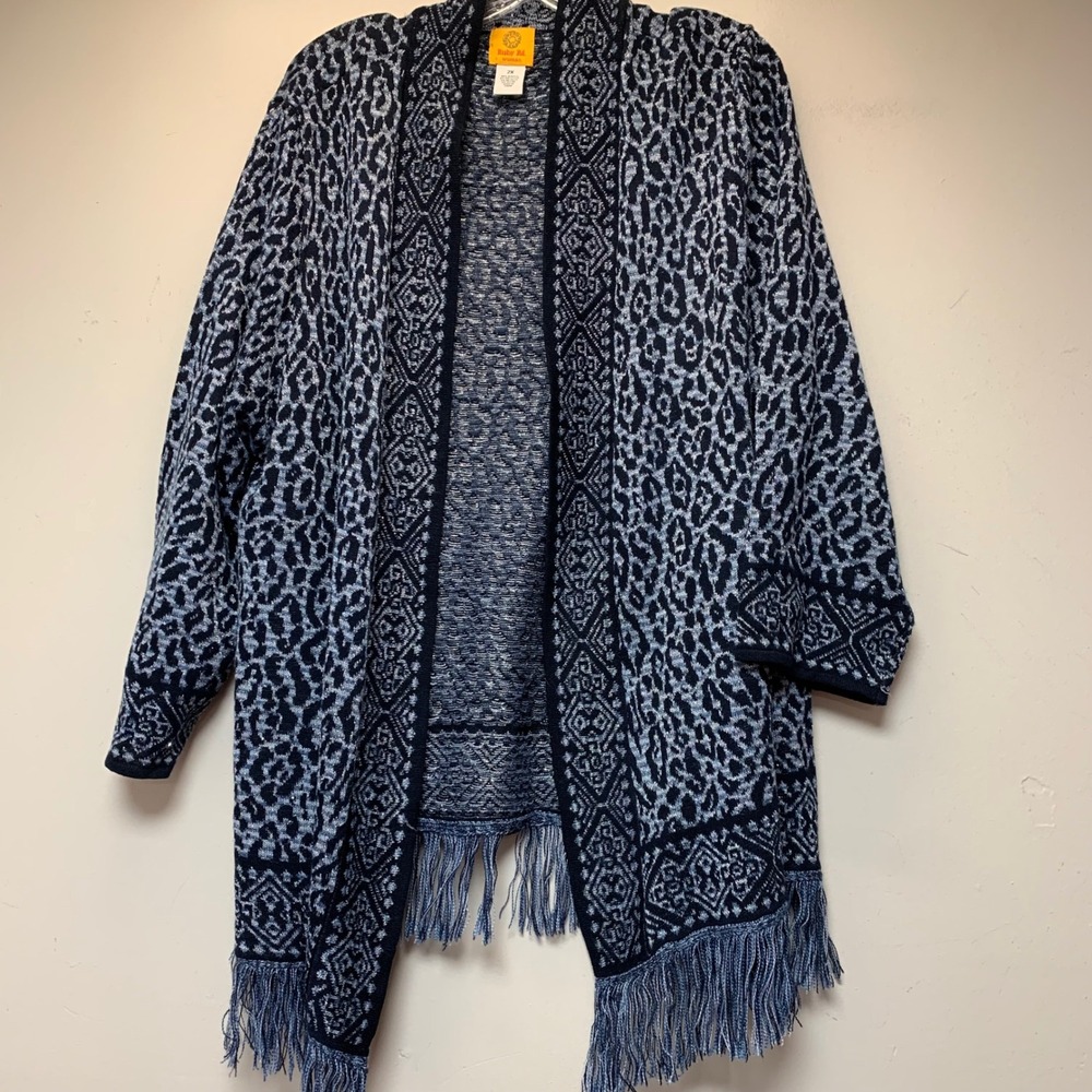 Ruby Rd Cardigan Woman 2X Navy Silver Fringe Metallic Leopard Open Front 12762
